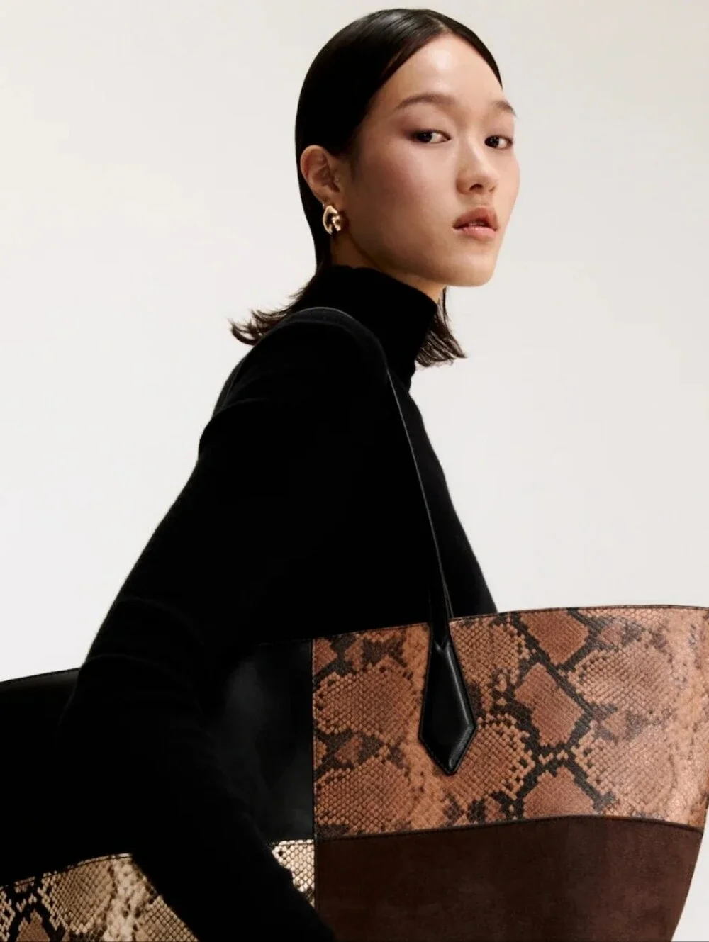 NWT H& MLuxury Patchwork Tote Bag in Black and Brown